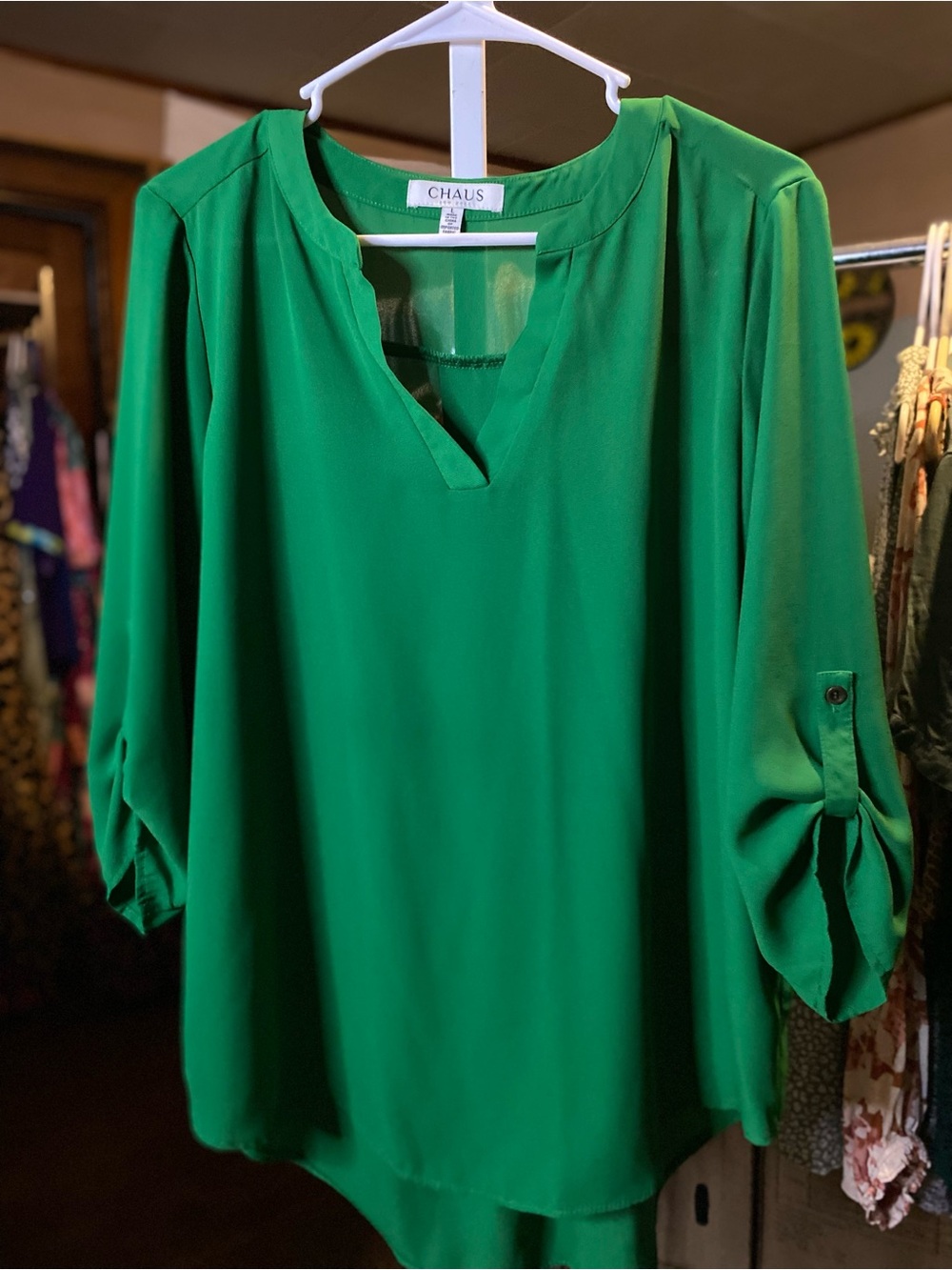 Chaus Green Split-Neck Roll-Tab Tunic